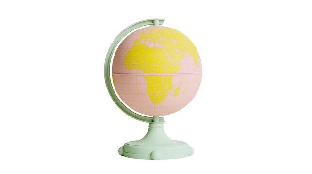 Pastel pink and yellow globe with mint green stand, isolated on transparent background