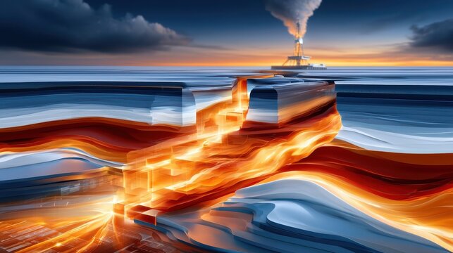 Shale gas and hydraulic fracturing concept with layered abstract cross-section and energy extraction visuals