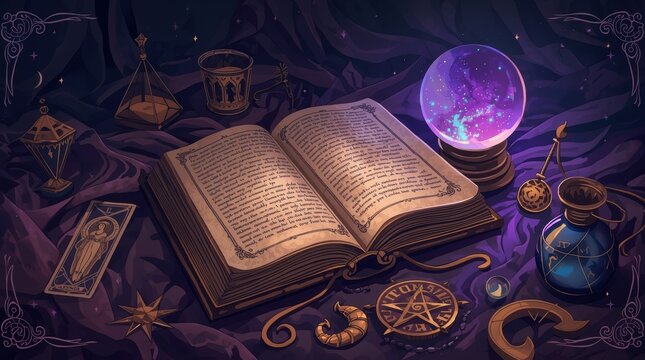 Mystical composition with a purple crystal ball standing on an open old book surrounded by Tarot cards, a rose and magical attributes against the background of a starry sky.