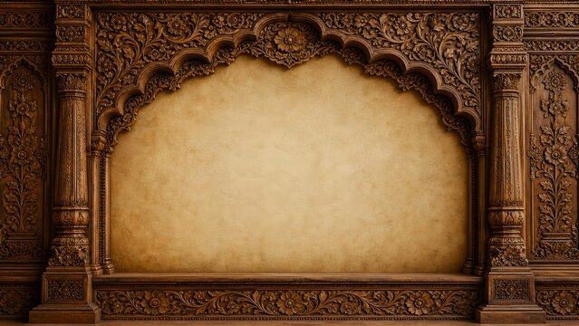 Indian Ornate Carved Wooden Arch Palace Architecture Frame Background Banner Traditional Interior Stage Wedding Template