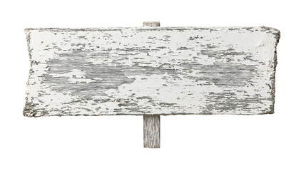 Weathered wooden signpost with peeling white paint, isolated on transparent background © Claudia