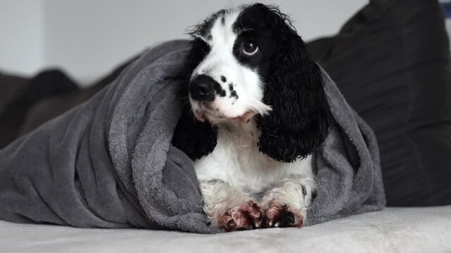 Young black and white Russian spaniel wet and shivering at home in a blanket close up on a horizontal video.