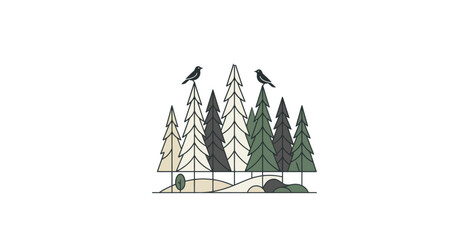 Minimalist Pine Forest with Birds Vector Illustration © Parade