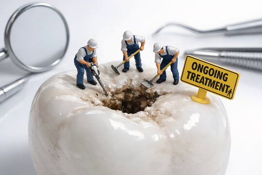 primo piano di un dente cariato con operai al lavoro per ripararlo in stile 3D, close-up of a decayed tooth with workers fixing it in 3D style.