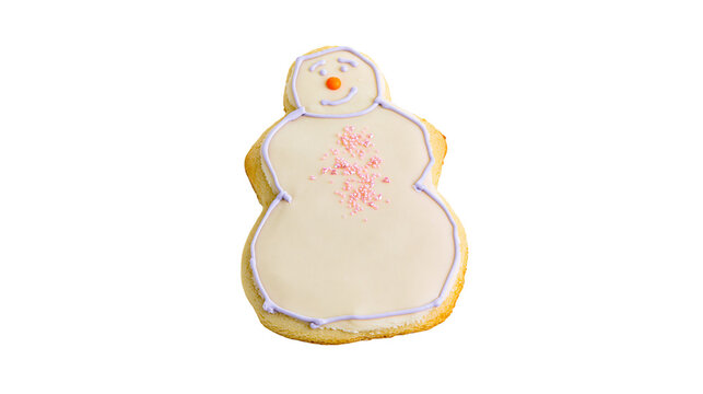Decorated snowman cookie with white icing and purple outline, isolated on transparent background