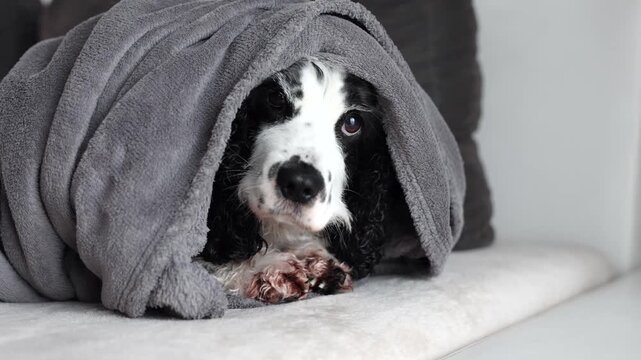 Young black and white Russian spaniel wet and shivering at home in a blanket close up on a horizontal video.
