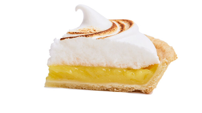 Slice of lemon meringue pie with golden crust, isolated on transparent background