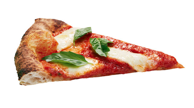 Delicious Neapolitan pizza slice with melted mozzarella tomato sauce and fresh basil leaves, isolated on transparent background