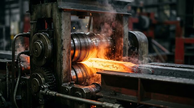Industrial metal rolling machine processing a glowing hot steel billet in a heavy manufacturing factory with steam and heat rising from the metal