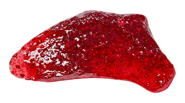Glossy red raspberry jam blob with visible seeds, isolated on transparent background