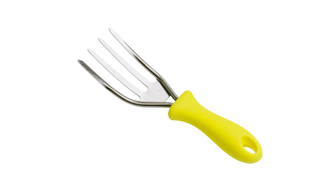 Gardening hand fork with shiny metal tines and bright yellow ergonomic handle, isolated on transparent background