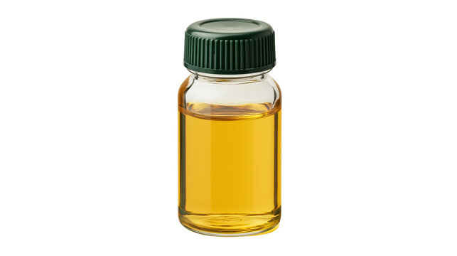 Small glass vial with green screw cap containing golden liquid, isolated on transparent background