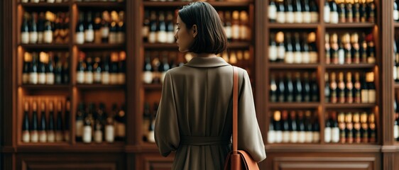 Obraz premium Aspirational lifestyle moment stylish woman in tailored coat contemplates an extensive wine selection in a warmly lit boutique cellar. Perfect for gourmet, travel, and luxury retail.