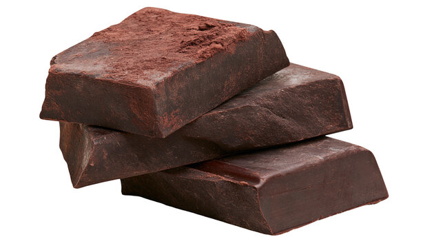 Stack of dark chocolate chunks with cocoa powder dusting, isolated on transparent background