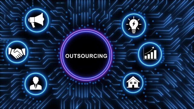 Digital outsourcing concept featuring animated circuit board background, with glowing representing, business strategy, global, management, services, corporate, growth, and strategic solutions