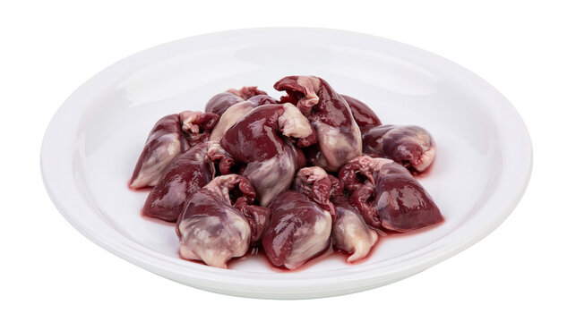 Pile of raw chicken hearts on a white plate, isolated on transparent background