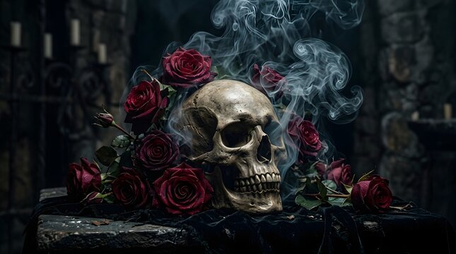 Realistic Human Skull Surrounded by Red Roses and Swirling Smoke in Dark Cinematic Gothic Room
