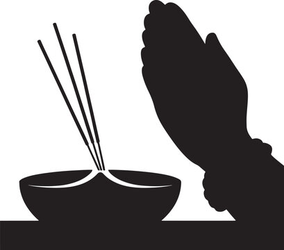 Silhouette of praying hands with incense sticks and bowl representing spiritual meditation and worship practices