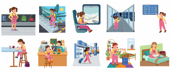 Fototapeta premium Set of Flat Illustrations of a Young Girl Traveling, Airport Terminal Scenes, Airplane Journey, and Vacation Activities