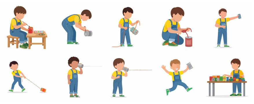 Set of illustrations showing a boy making and playing with a DIY tin can telephone craft project