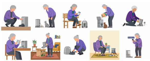 Fototapeta premium Senior woman using smart automatic pet feeders for her cat, set of illustrations depicting modern pet care technology for elderly lifestyle and feline nutrition.