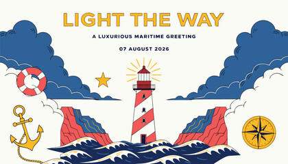 Illustrated maritime greeting card featuring a glowing lighthouse and ocean waves © vectyx2