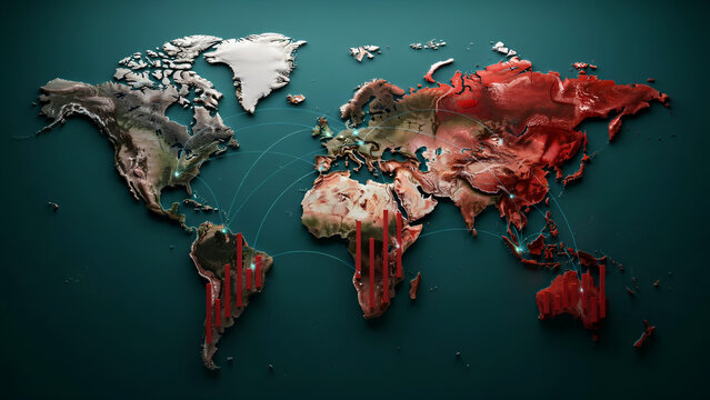 Global interconnectedness illustrated with a relief map of the world showing connected continents during a pandemic concept