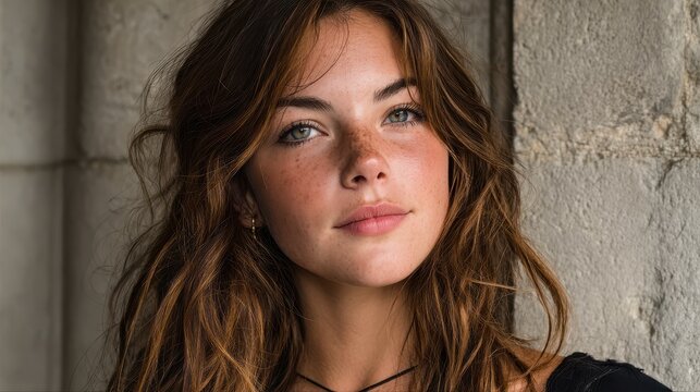 Young woman with wavy brown hair and freckles posing beside limestone smooth surface wall, neutral expression, soft natural lighting, professional portrait photography for commercial use