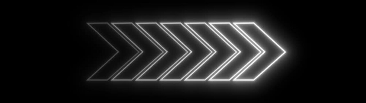 White neon glowing arrow swipe animation moving right forward direction chevron pattern motion design on black background overlay business element loop