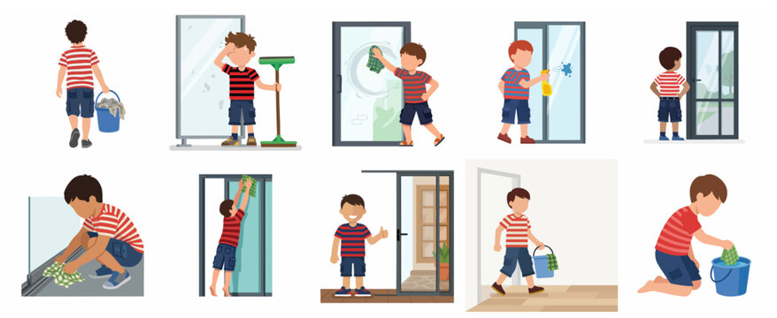 Vector Illustration Set of a Boy Cleaning Glass Windows and Doors. Flat character design of a child doing household chores, washing windows with spray bottle and cloth.