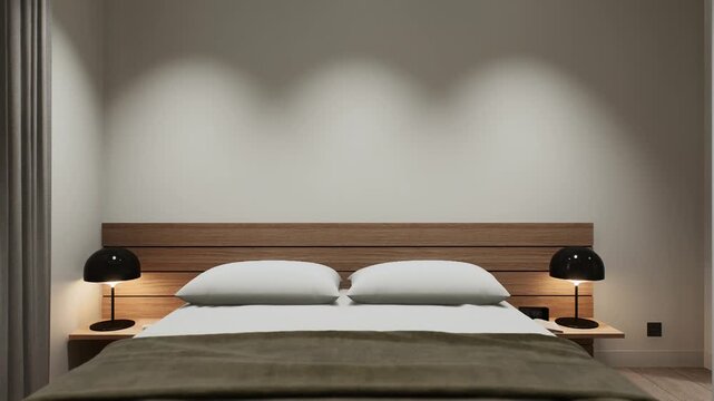 Modern Minimalist Bedroom Interior With Wooden Bed And Warm Lighting