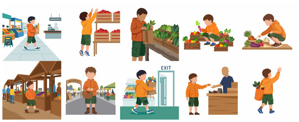 Fototapeta premium Collection of illustrations featuring a young boy shopping for fresh vegetables and groceries at a supermarket and farmers market.