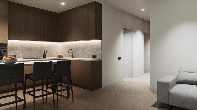 Modern Kitchen Interior Design with Dark Wood Cabinets and Bar Counter