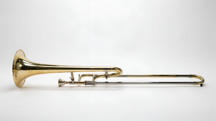 Obraz premium Golden brass trombone musical instrument isolated on a smooth surface with studio lighting and clear focus