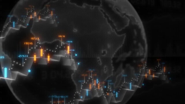 colourful candlestick chart pattern graph with rotating globe infographic dashboard showing word economy modern design business stock market backrground