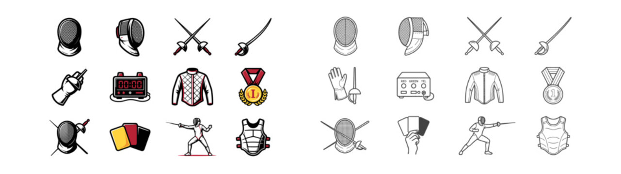 Set of fencing sport icons featuring mask sword glove jacket timer medal cards fencer color and outline styles