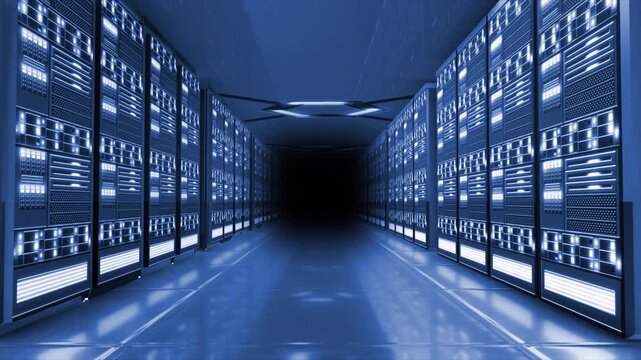 Royal blue color glowing data transfer 3d server room tunnel with server racks traffic on servers and mirror reflection on roof and ground hi tech design black 3d technology background