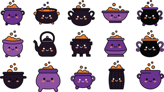Halloween day kawaii cauldron collection cute witch pot vector illustrations