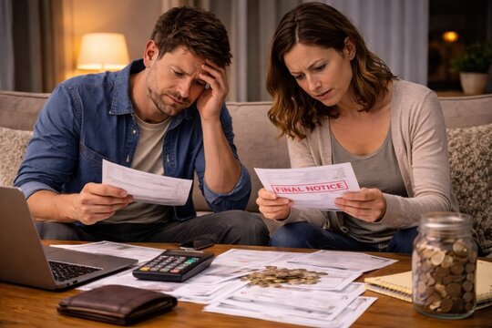 Couple holding final notice letters at home. Family facing debt collection and serious financial difficulties.