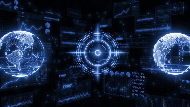 Royal blue color futuristic globe futuristic head up display (HUD UI) technology interface screen and advanced data analysis algorithms dashboard black technology 3D backround