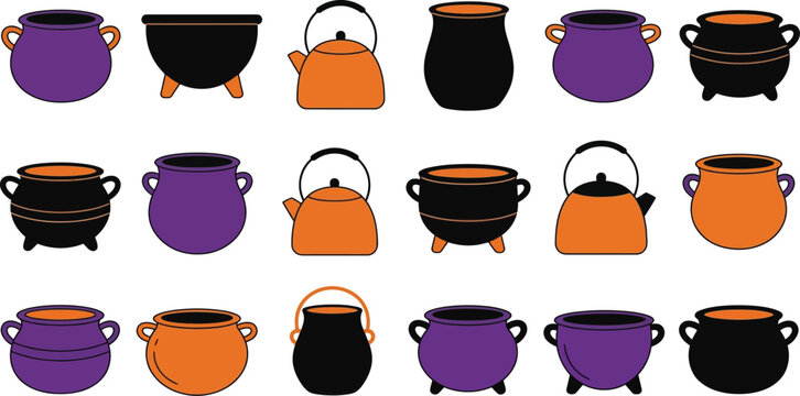 Halloween day cauldron collection purple orange and black witch pots