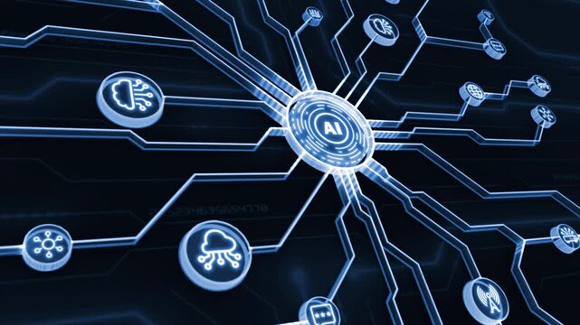 Royal blue color glowing nodes AI processing multiple data and performing multi tasking  artificial intelligence black technology background