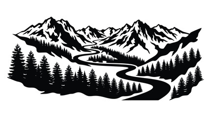 Mountain Range And River Landscape Black And White Silhouette © Sakilcreative 