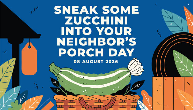 Colorful illustration celebrating sneak some zucchini into your neighbor porch day
