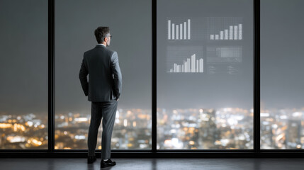 Fototapeta premium Businessman suit city night window graph chart silhouette leader success confidence ambition modern office urban view professional finance growth