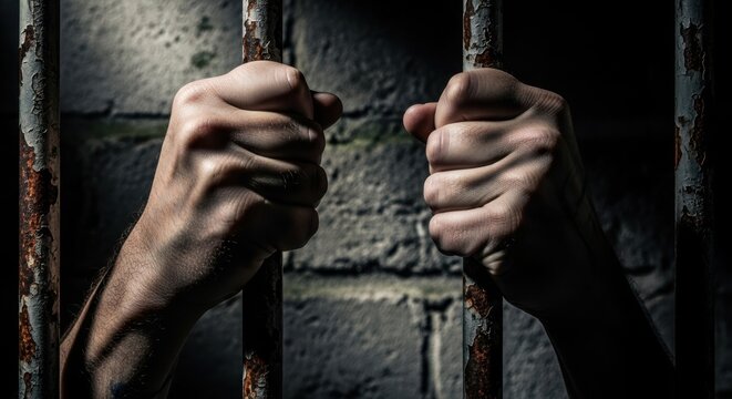 Closeup of a prisoners hands gripping rusty metal bars in a dark, gritty jail cell