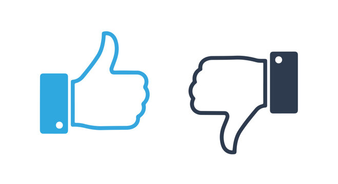 Thumbs Up and Thumbs Down Icons: A visual representation of approval and disapproval, featuring two distinct icons: a blue thumbs-up and a dark grey thumbs-down, symbolizing choice and opinion.