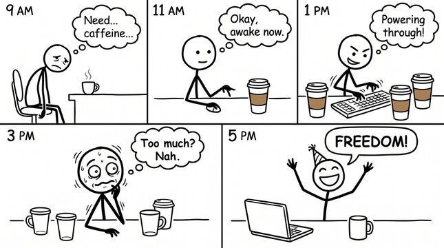 Humorous stick figure workday progression with coffee cups at 9am, 11am, 1pm, 3pm, 5pm showing energy rise from tired slump to active work and end-of-day celebration on white background.