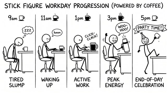 Humorous stick figure workday progression with coffee cups at 9am, 11am, 1pm, 3pm, 5pm showing energy rise from tired slump to active work and end-of-day celebration on white background.