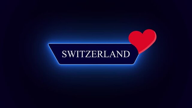 Elegant Switzerland country name text banner, integrated with a glossy red heart sign over dark background